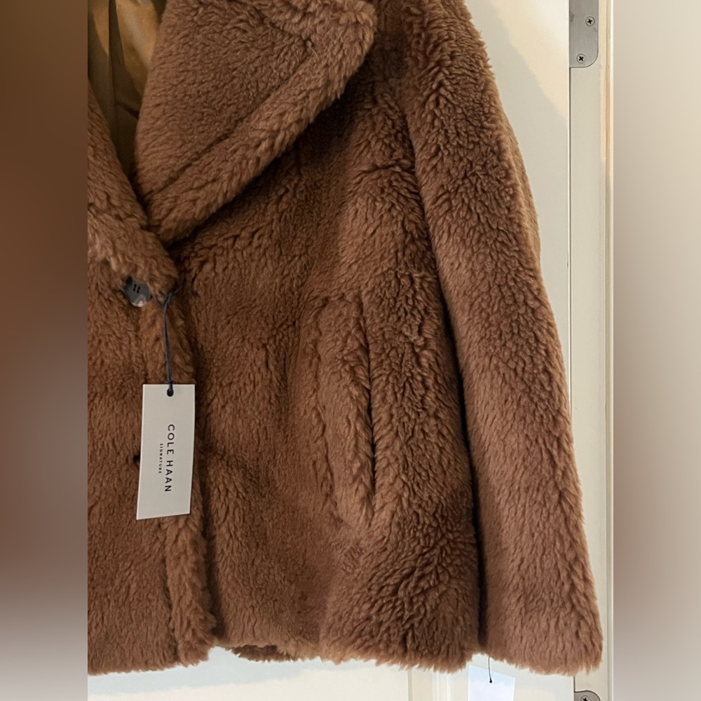 Cole Haan Signature Designer Brown Faux Fur Wool Blend Coat Size XL - Picture 11 of 16